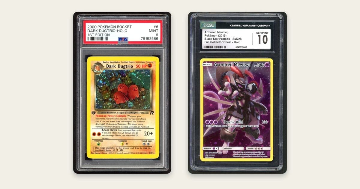 A 2000 Team Rocket Dark Dugtrio holo, 1st Edition, in a PSA Mint 9 slab beside a 2019 Armored Mewtwo Black Star promo in a CGC Gem Mint 10 slab