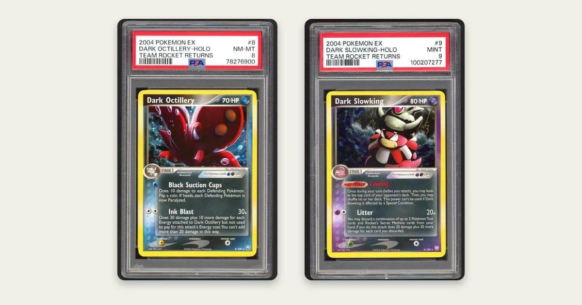 Two 2004 EX Team Rocket Returns holos side by side, a Dark Octillery in a PSA NM-MT 8 slab and a Dark Slowking in a PSA Mint 9 slab